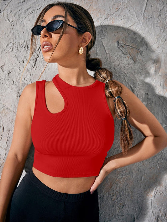 AHHWAN Women's Solid Red Fitted Sleeveless Crop Top