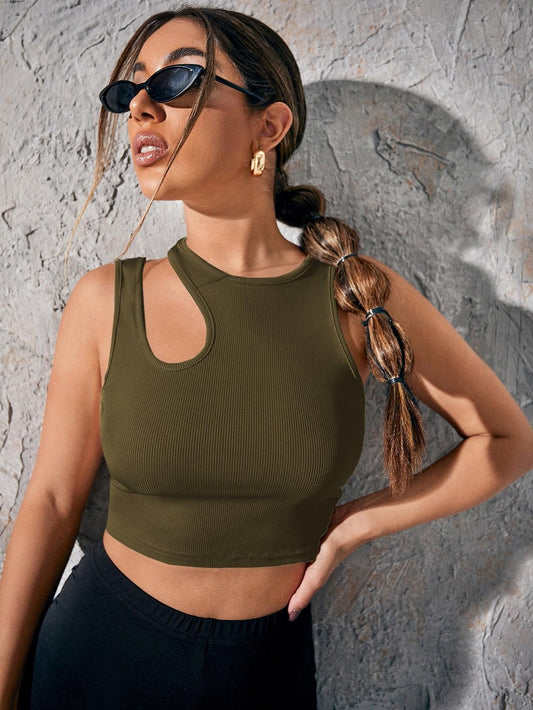 AHHWAN Women's Solid Olive Fitted Sleeveless Crop Top