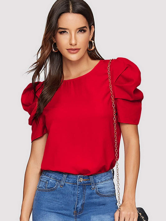 AHHWAN Women's Solid Red Puff Sleeves Casual Top